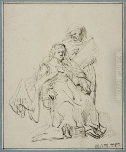 Kvinna vid sin toalett, med en tjanarinna by Rembrandt