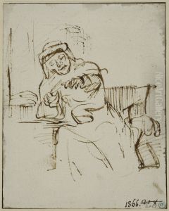 Sittande gammal kvinna klipper naglarna by Karel van der Pluym