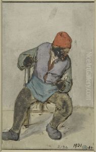 Sittande man med en pipa, bojd framat by Adriaen van Ostade