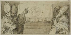 De fyra latinska kyrkofaderna framfor ett altare by Abraham Bloemaert
