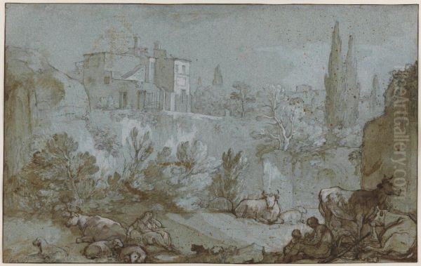 Italian Landscape with Shepherds and Animals - view 1