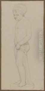 Skulpturskiss, naken gosse pa rund sockel