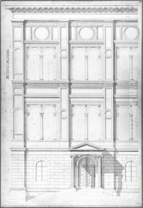 Nationalmuseum. Detaljforslag till huvudfasaden med entreportal
