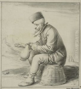 Aldre man sittande pa en upp-och nedvand korg by Pieter Quast