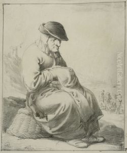 Aldre kvinna sittande pa en upp- och nedvand korg by Pieter Quast