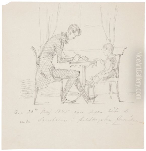 "Den 20 de May 1845 voro dessa bada de enda Jacobarne i Adelborgska familien". Bror Jacob Adelborg med sin lille brorson (Jacob) Fredrik Adelborg - view 1