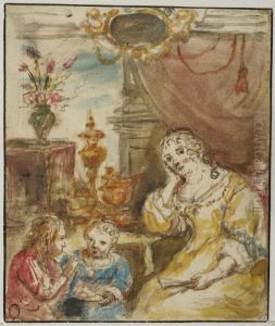 Kvinna och tva barn (Vanitas-framstallning?)