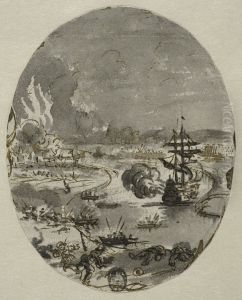 Flod med fartyg som beskjuter en brinnande stad by Romeyn de Hooghe