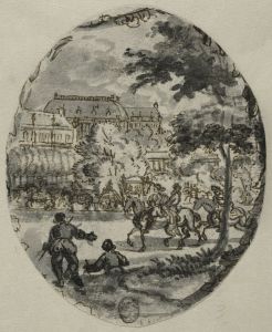 Ryttare och kaross framfor palats by Romeyn de Hooghe