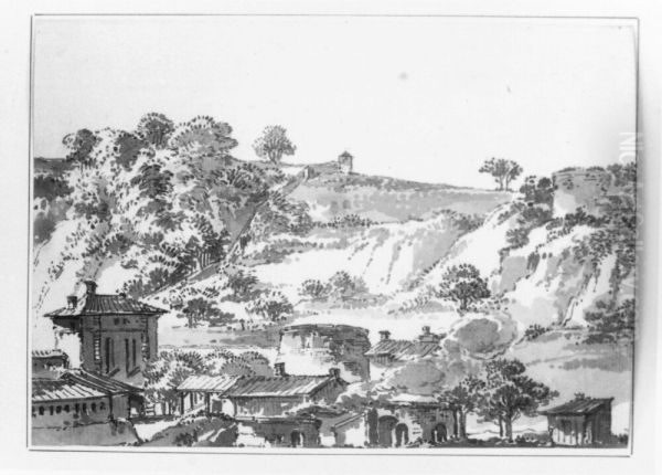 Sydlanskt landskap med byggnader i forgrunden - view 1
