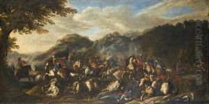 An Extensive Landscape With A Cavalry Battle