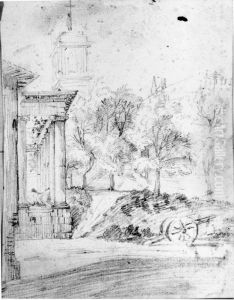 Antik portik, kyrka i bakgrunden