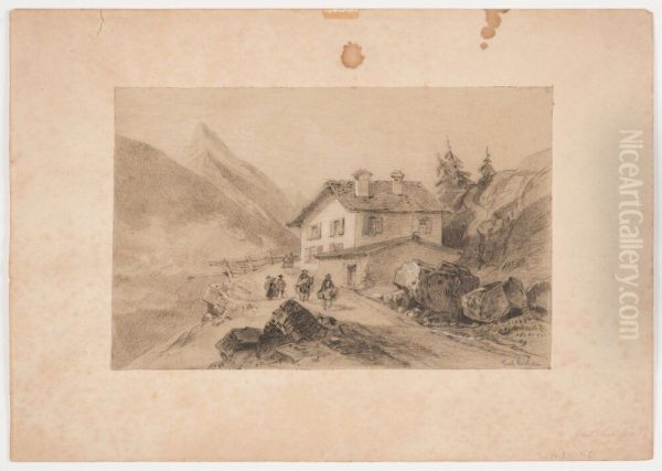 Alpvilla vid en bergstig i ett alplandskap. Pa bergstigen/vagen tva man till hast/mulasna som bar packning. Tva grupper med staffagefigurer. - view 1
