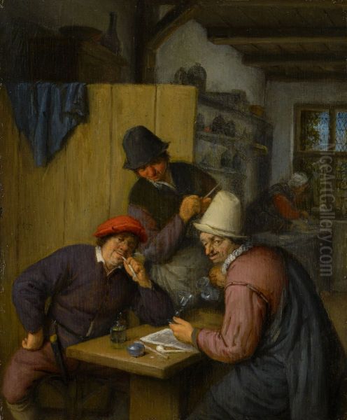 Three Drinking and Smoking Farmers in a Tavern - view 1