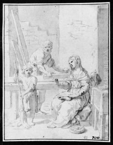 The Holy Family with Mary sewing, Joseph at the carpenter's bench and the Christ Child sweeping shavings by Elisabetta Sirani