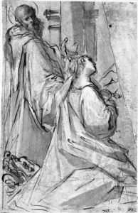 Male and female saints in adoration by Giacomo Cavedone