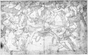 Angel holding a ribbon, surrounded by putti