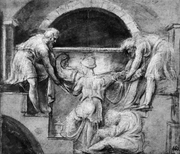 Dead man being placed in crypt by three men - view 1