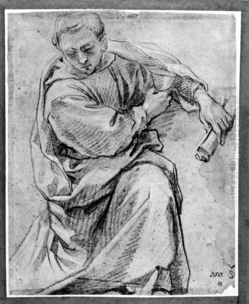 Kneeling youth holding a chalice in the right hand, a roll of paper in the other - view 1