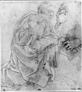 Kneeling youth in prayer. The hands repeated