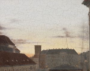 Udsigt mod Gammelholm med Nikolaj tarn i baggrunden. Lys sommeraften.