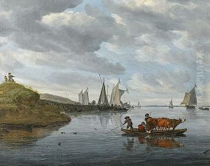River landscape with boats and a ferry by a jetty by Salomon van Ruysdael