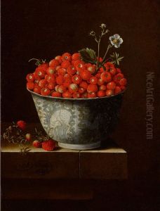 Still life of fraises-de-bois in a Wan-Li bowl upon a stone ledge