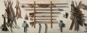 Trompe-l'oeil of an arms rack with a leading staff, a partizan, a matchlock musket, a longbow, a fowling piece with pistols, game bags, dead game and other instruments of the chase hanging on a wall by Jacob Biltius