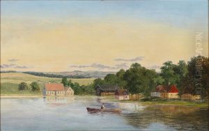 Summer landscape with houses on the lakefront. In the foreground a man rowing a boat by Axel Schovelin