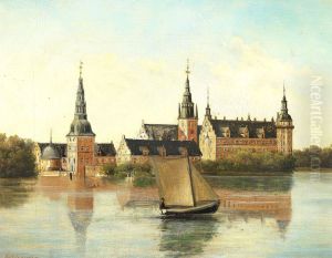 View of Frederiksborg Castle and the lake on a summer day. by Axel Schovelin