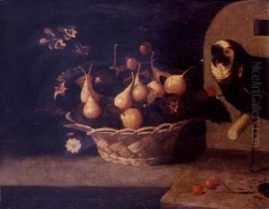 Still life of cherries, plums and figs in basket resting on a ledge, a parrot looking on by Baltazar Gomes Figueira
