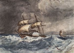 HMS Inflexible towing HMS Starling / off Cape of Good Hope. /Reefing in a squall by John Corbett