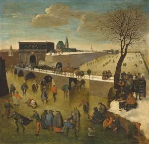 Winter landscape with ice skaters before the Gate of Saint George, Antwerp