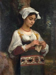 Young girl knitting in a wooded landscape