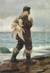 A young fisherman walking home with the seagulls he has caught. by Michael Peter Ancher