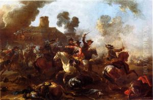 Cavalry battle between Imperial (red rock bandages) and Sweden (blue sashes) by August Querfurt