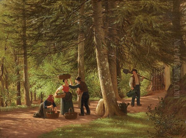 A road through the woods with persons in conversation. - view 1