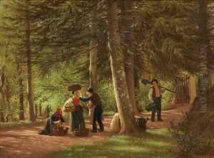 A road through the woods with persons in conversation. A road through the woods with persons in conversation.