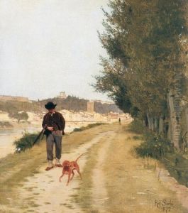 Hunter walking on Arno's banks in Florence by Raffaello Sorbi