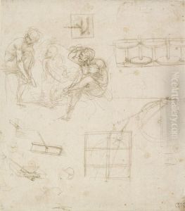 Three Seated Figures and Studies of Machines by Leonardo Da Vinci
