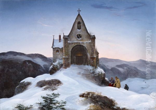 Chapel on a mountain in winter - view 1