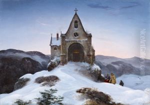 Chapel on a mountain in winter by Ernst Ferdinand Oehme