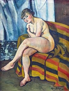 Nude sitting on a sofaFrancais:Nu assis sur un canapeItaliano:Nudo seduto su un divano by Suzanne Valadon