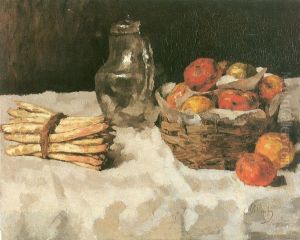 with baskets, pewter and bunch of asparagus by Carl Schuch