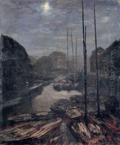 Mondschein uber der Friedrichsgracht im alten Berlin by Adolph von Menzel