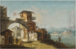 An Architectural Capriccio with Figures beside a River by Michele Marieschi