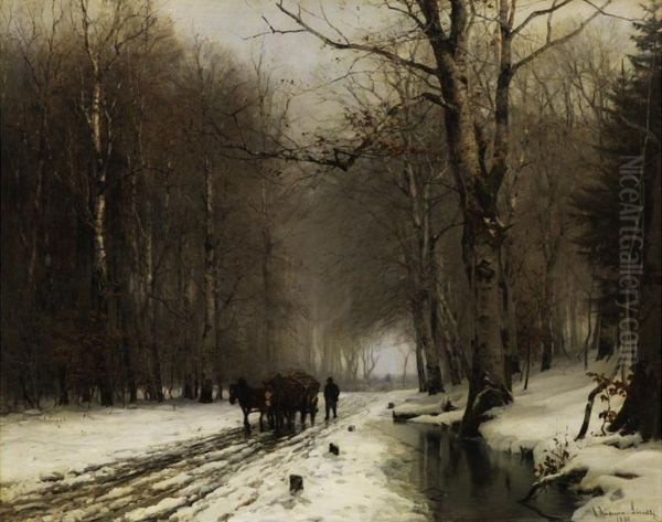 Wintery landscape with a farmer leading a horsewagon. - view 1
