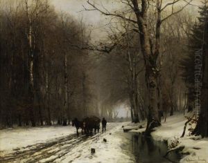 Wintery landscape with a farmer leading a horsewagon. by Anders Andersen-Lundby