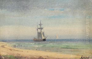 Marine with naval ship at anchor near the coast.