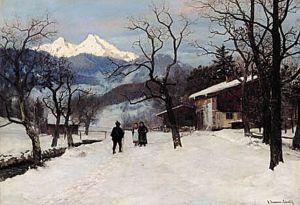 A winter landscape with people and snow-clad mountains. by Anders Andersen-Lundby